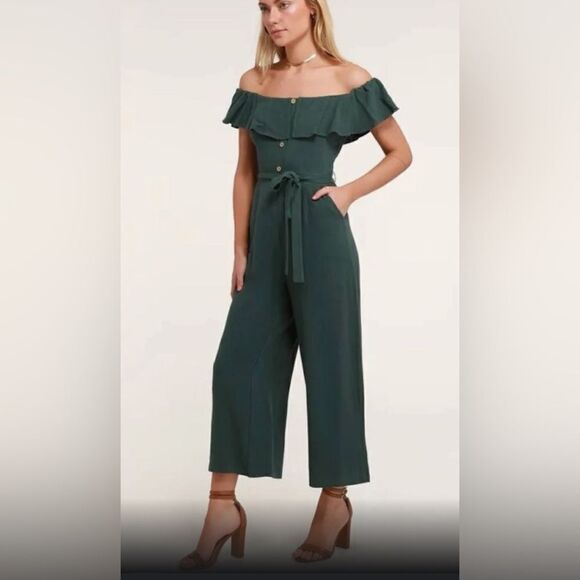 Lulu's Off The Shoulder Dark Sage Green Linen/ Rayon Ankle Length Jumpsuit Sz XL - Picture 1 of 12